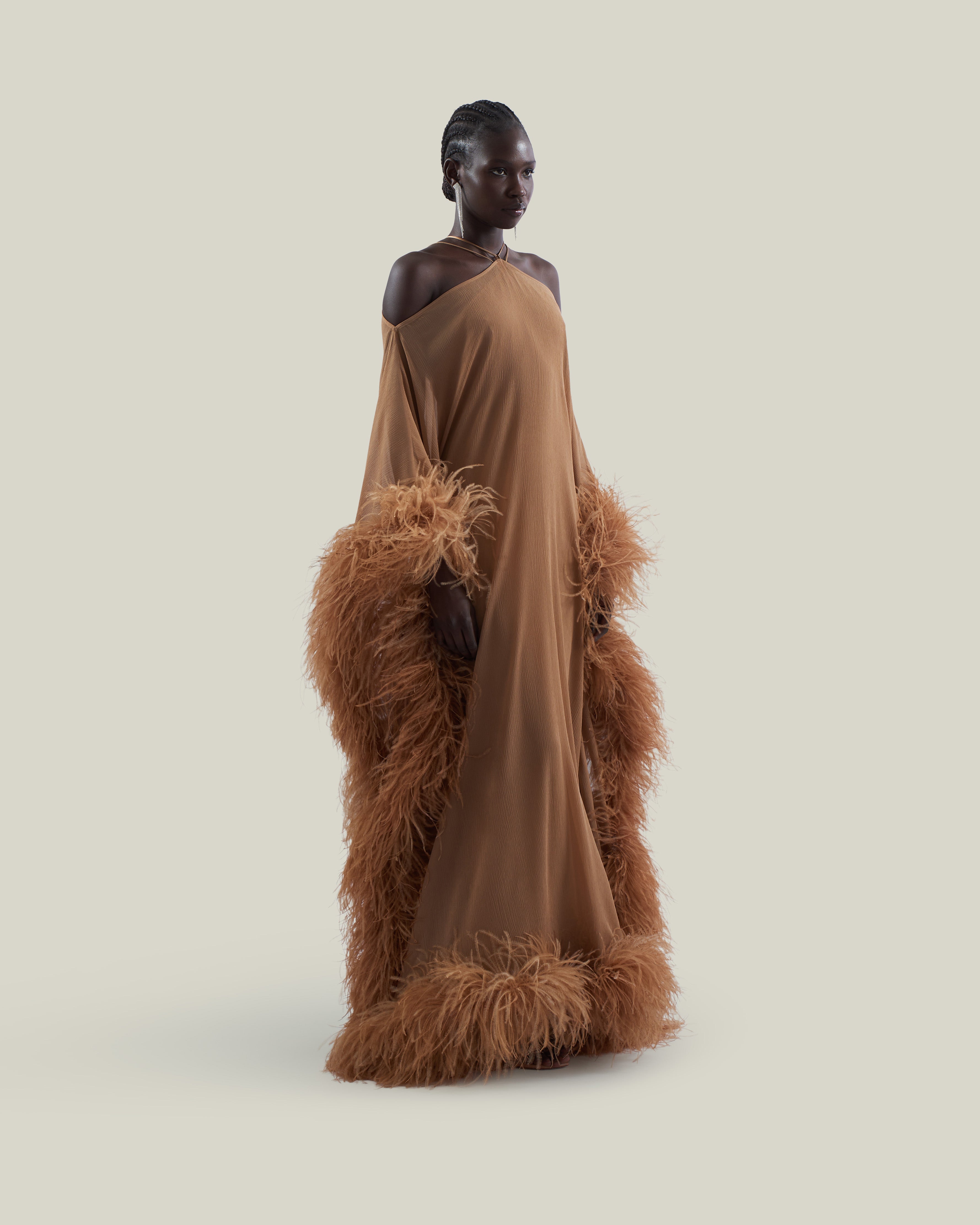 taller marmo brown dress | Feathered Sza Sza Spirito Kaftan in Camel | Female An open back introduces