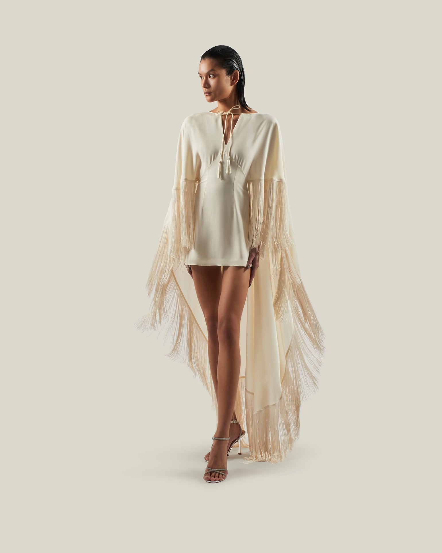 Taller Marmo - Neutrals Neutral Fringed Cape Dress - Women's - Acetate/Viscose