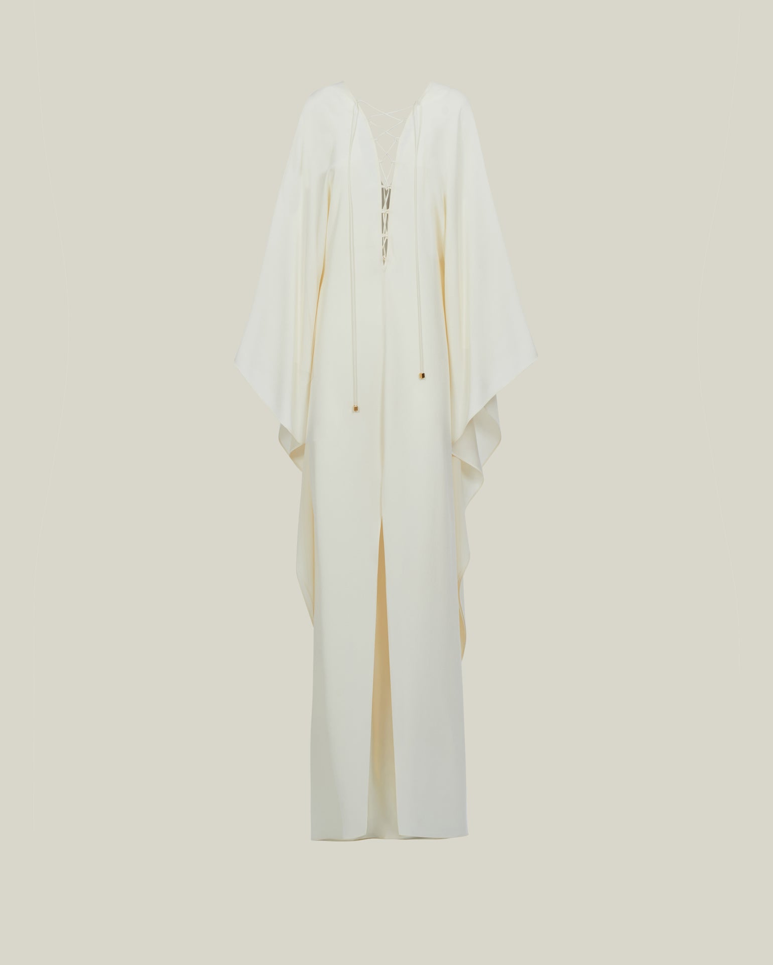 Sahara Kaftan in Ivory - Crepe cady laced-up plunge neckline kaftan with frontal slit