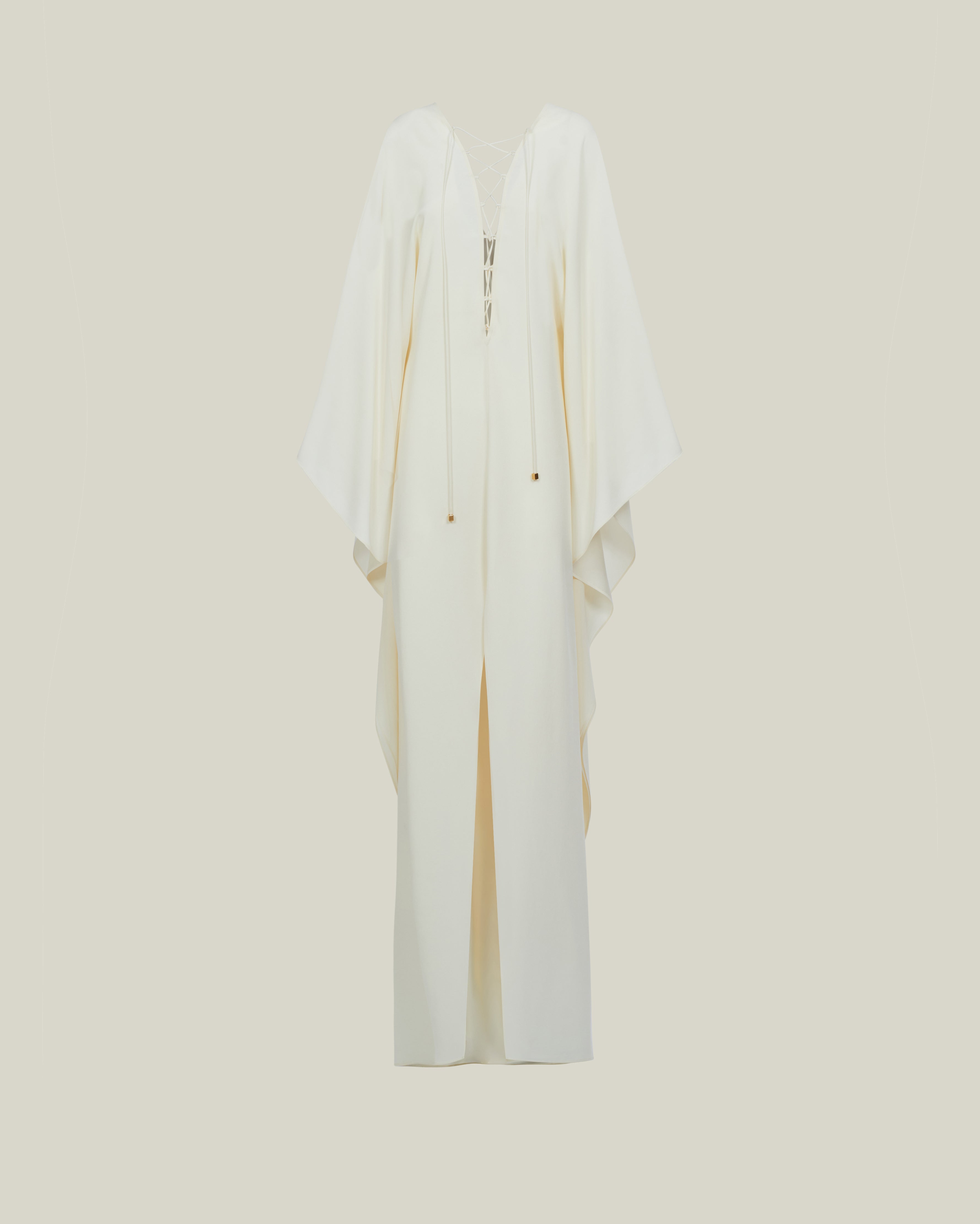 Sahara Kaftan in Ivory - Crepe cady laced-up plunge neckline kaftan with frontal slit