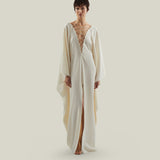 Sahara Kaftan in Ivory - Crepe cady laced-up plunge neckline kaftan with frontal slit