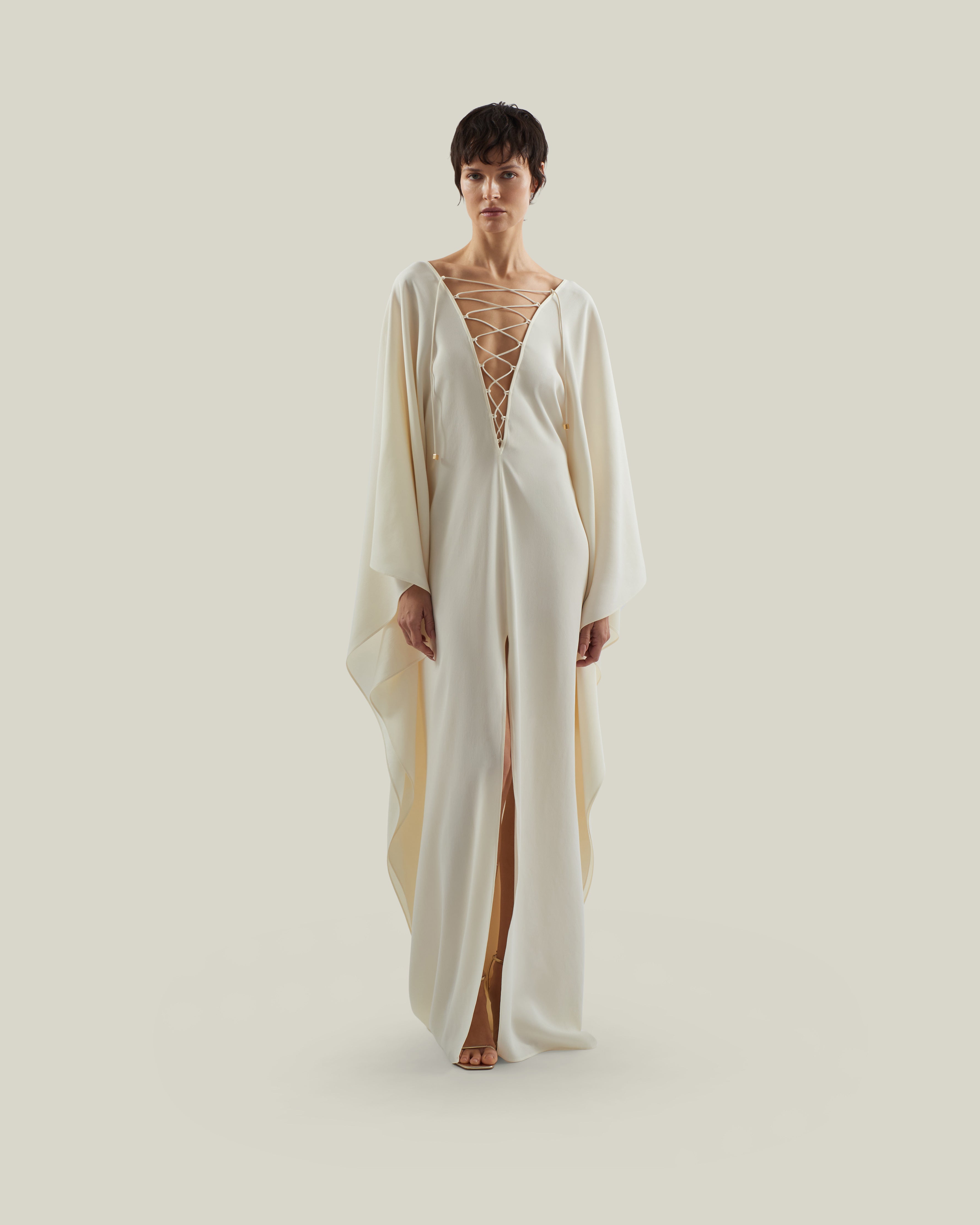 Sahara Kaftan in Ivory - Crepe cady laced-up plunge neckline kaftan with frontal slit