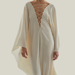 Sahara Kaftan in Ivory - Crepe cady laced-up plunge neckline kaftan with frontal slit