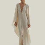 Sahara Kaftan in Ivory - Crepe cady laced-up plunge neckline kaftan with frontal slit