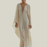 Sahara Kaftan in Ivory - Crepe cady laced-up plunge neckline kaftan with frontal slit