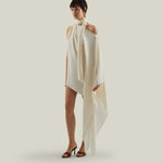 Mini Atlas Dress in Ivory - Crepe cady asymmetrical short dress with scarf 