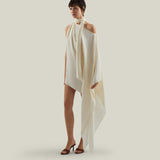 Mini Atlas Dress in Ivory - Crepe cady asymmetrical short dress with scarf 