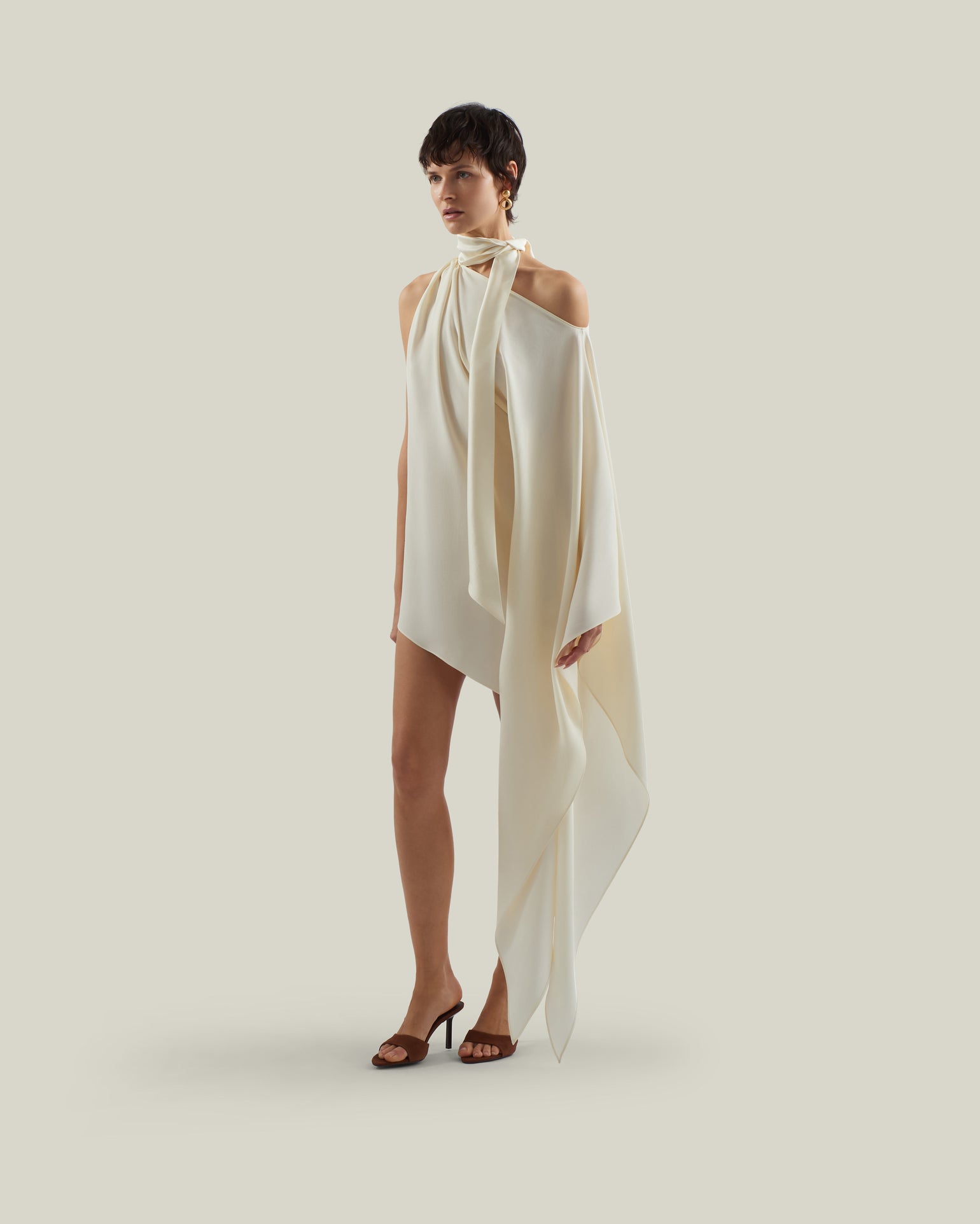 Mini Atlas Dress in Ivory - Crepe cady asymmetrical short dress with scarf 