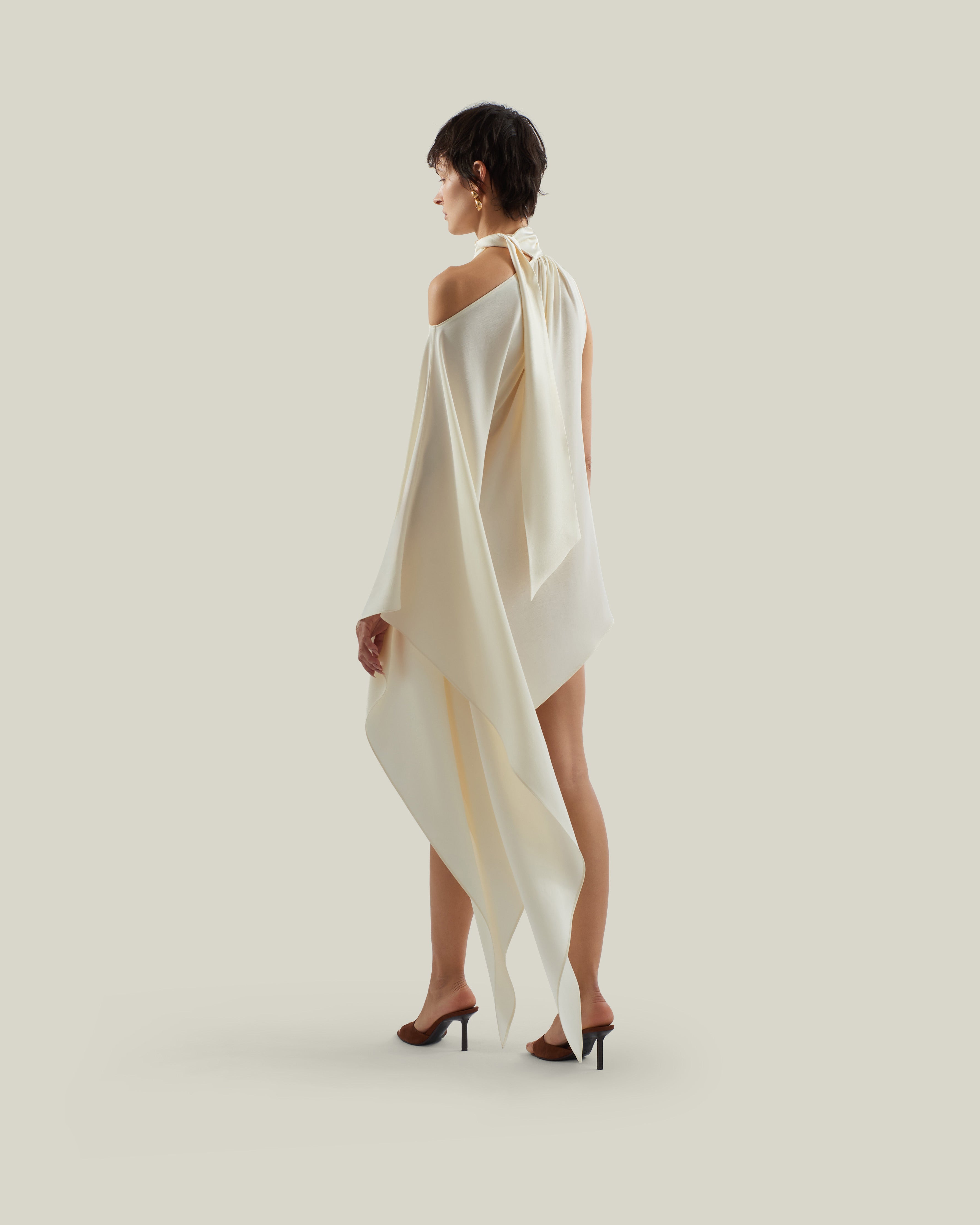 Mini Atlas Dress in Ivory - Crepe cady asymmetrical short dress with scarf 