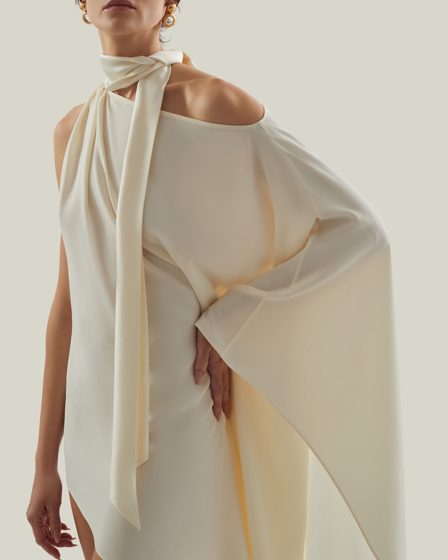 Mini Atlas Dress in Ivory - Crepe cady asymmetrical short dress with scarf 