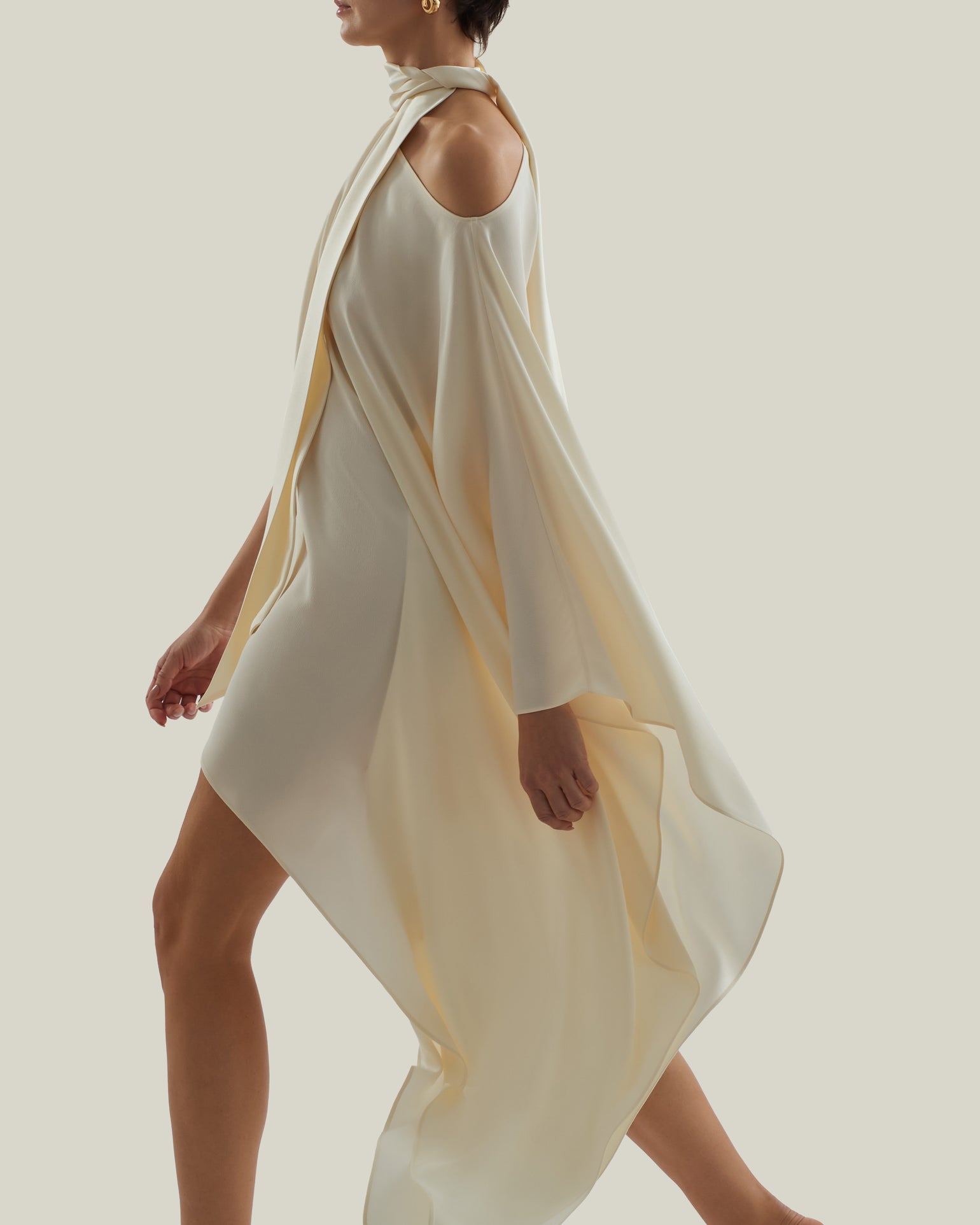 Mini Atlas Dress in Ivory - Crepe cady asymmetrical short dress with scarf 