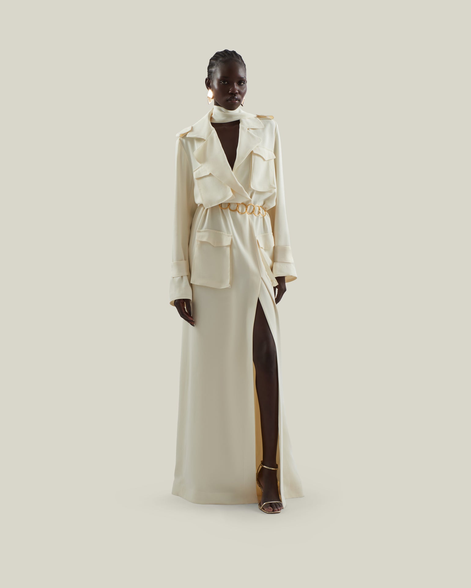 Tarangire Dress in Ivory - Crepe cady trench coat-inspired dress with dettachable chain belt