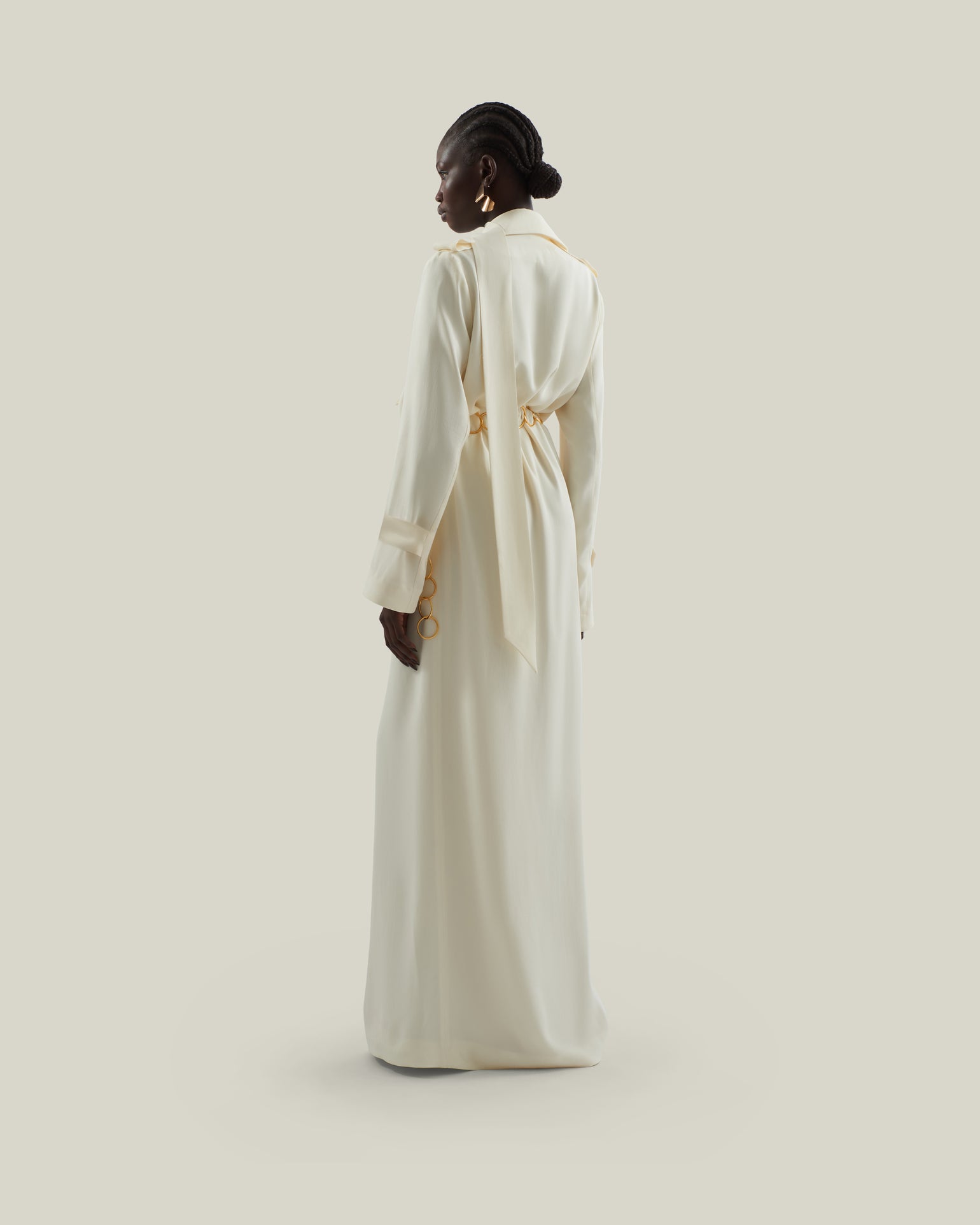 Tarangire Dress in Ivory - Crepe cady trench coat-inspired dress with dettachable chain belt