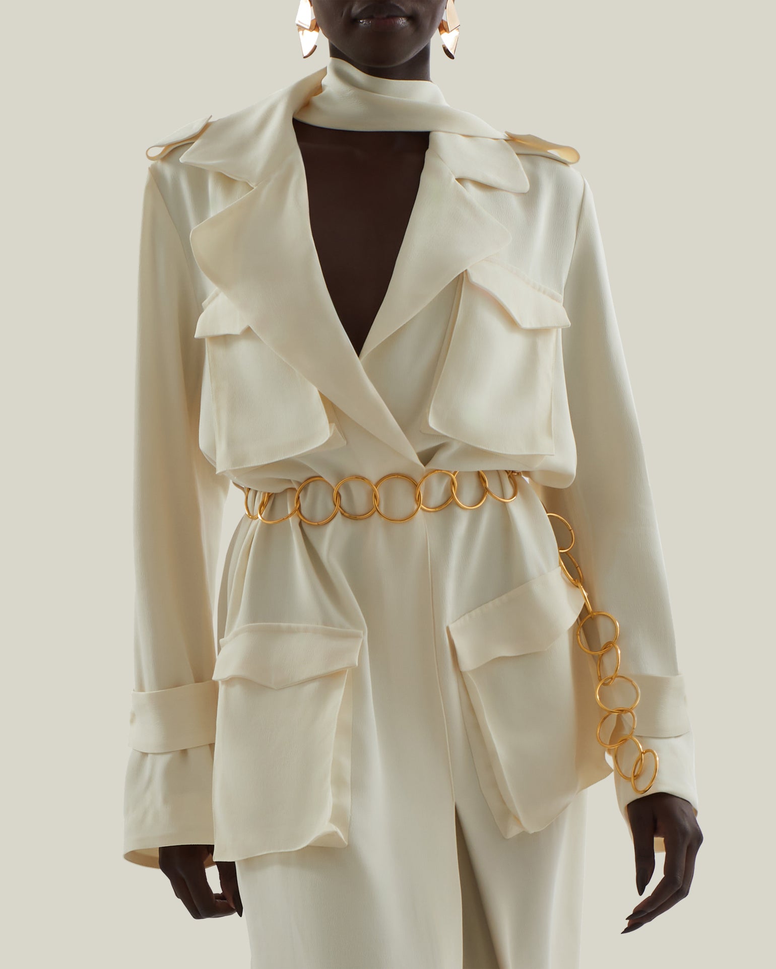 Tarangire Dress in Ivory - Crepe cady trench coat-inspired dress with dettachable chain belt