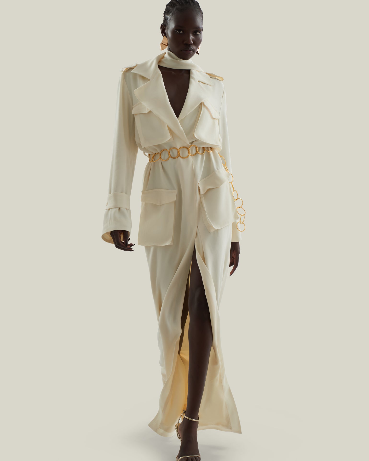 Tarangire Dress in Ivory - Crepe cady trench coat-inspired dress with dettachable chain belt