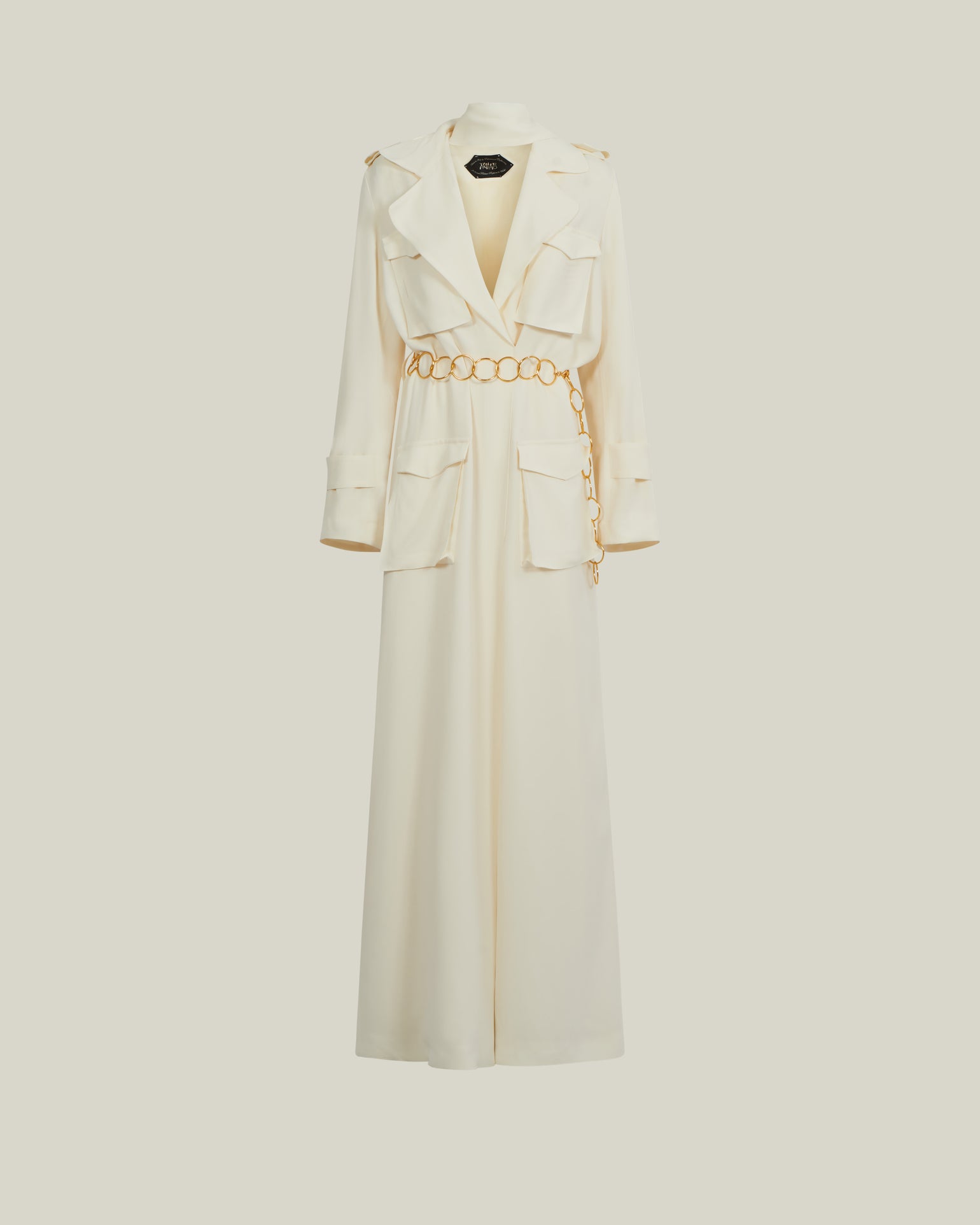 Tarangire Dress in Ivory - Crepe cady trench coat-inspired dress with dettachable chain belt
