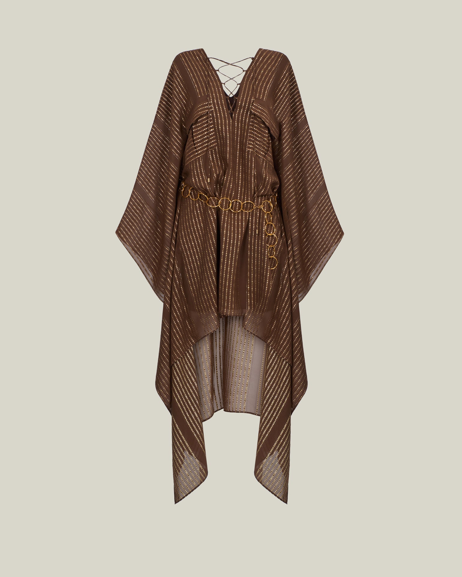 Mini Mojave Kaftan in Fume - Chiffon fil coupè high-low kaftan with laced-up neckline, pockets and dettachable chain belt
