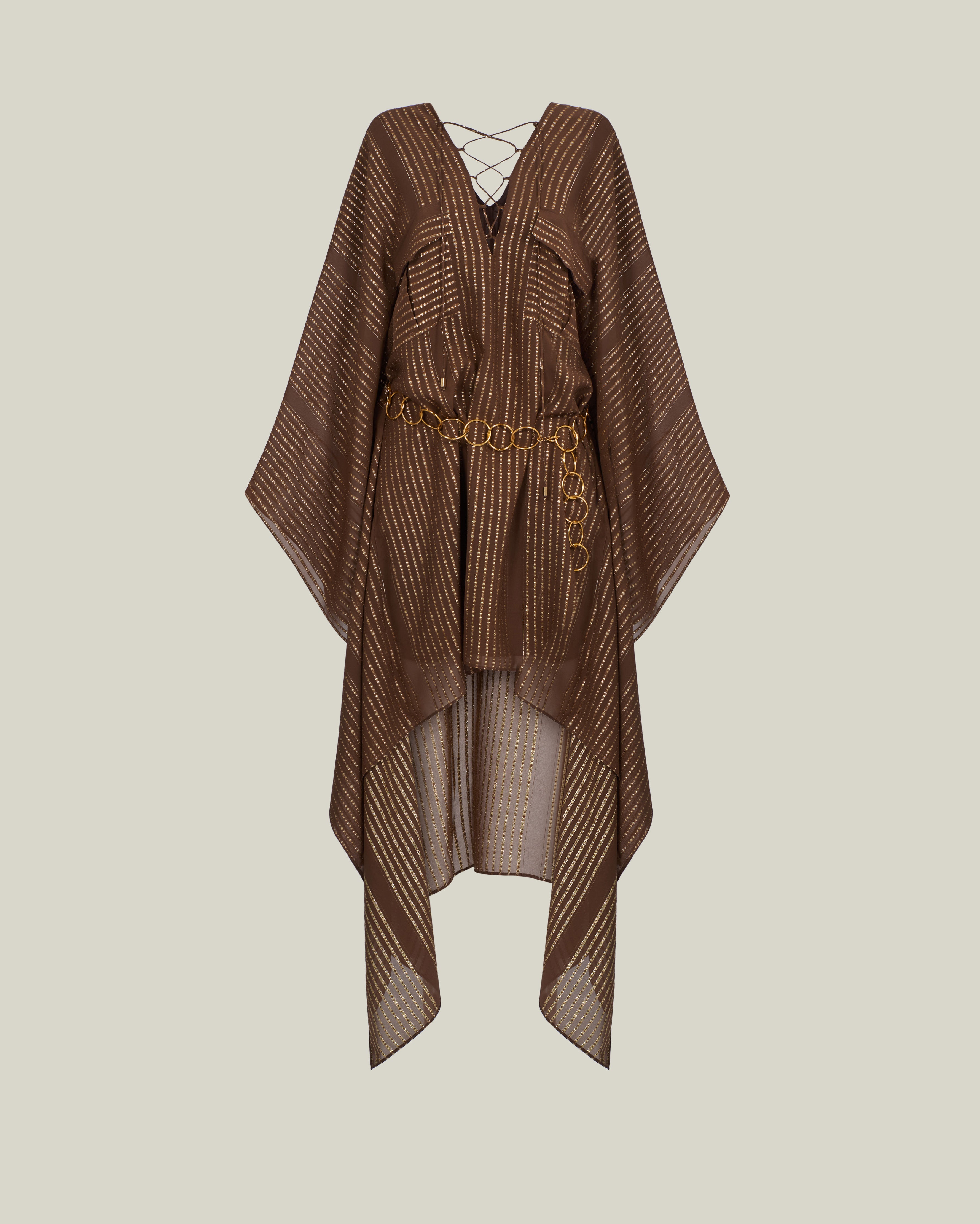 Mini Mojave Kaftan in Fume - Chiffon fil coupè high-low kaftan with laced-up neckline, pockets and dettachable chain belt