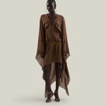 Mini Mojave Kaftan in Fume - Chiffon fil coupè high-low kaftan with laced-up neckline, pockets and dettachable chain belt