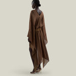 Mini Mojave Kaftan in Fume - Chiffon fil coupè high-low kaftan with laced-up neckline, pockets and dettachable chain belt