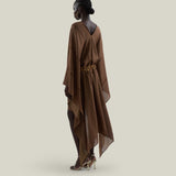 Mini Mojave Kaftan in Fume - Chiffon fil coupè high-low kaftan with laced-up neckline, pockets and dettachable chain belt