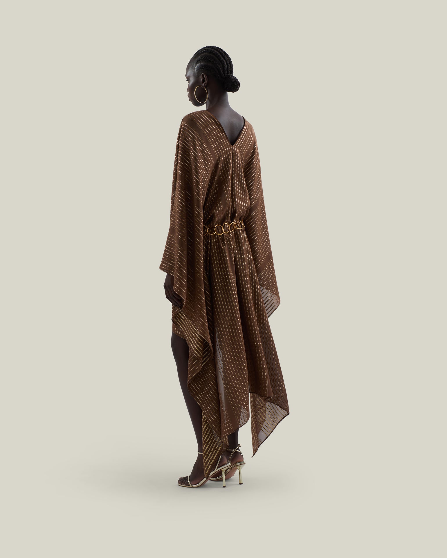 Mini Mojave Kaftan in Fume - Chiffon fil coupè high-low kaftan with laced-up neckline, pockets and dettachable chain belt