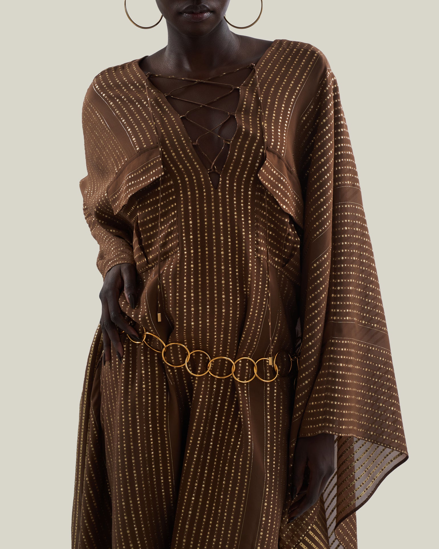 Mini Mojave Kaftan in Fume - Chiffon fil coupè high-low kaftan with laced-up neckline, pockets and dettachable chain belt