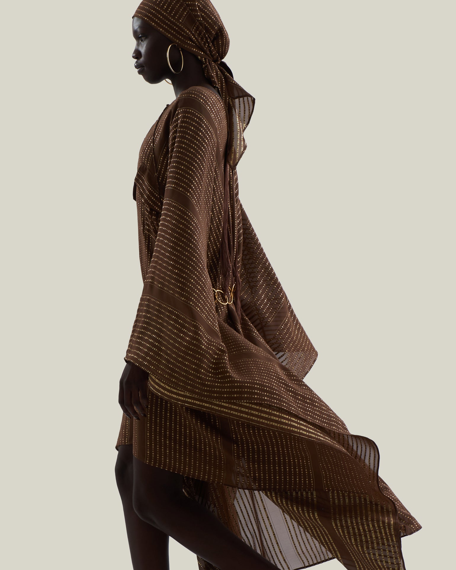 Mini Mojave Kaftan in Fume - Chiffon fil coupè high-low kaftan with laced-up neckline, pockets and dettachable chain belt