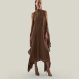 Agadez Kaftan in Fume - Chiffon fil coupè high neck cold shoulders ankle-lenght kaftan