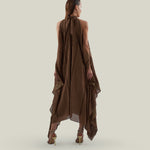 Agadez Kaftan in Fume - Chiffon fil coupè high neck cold shoulders ankle-lenght kaftan