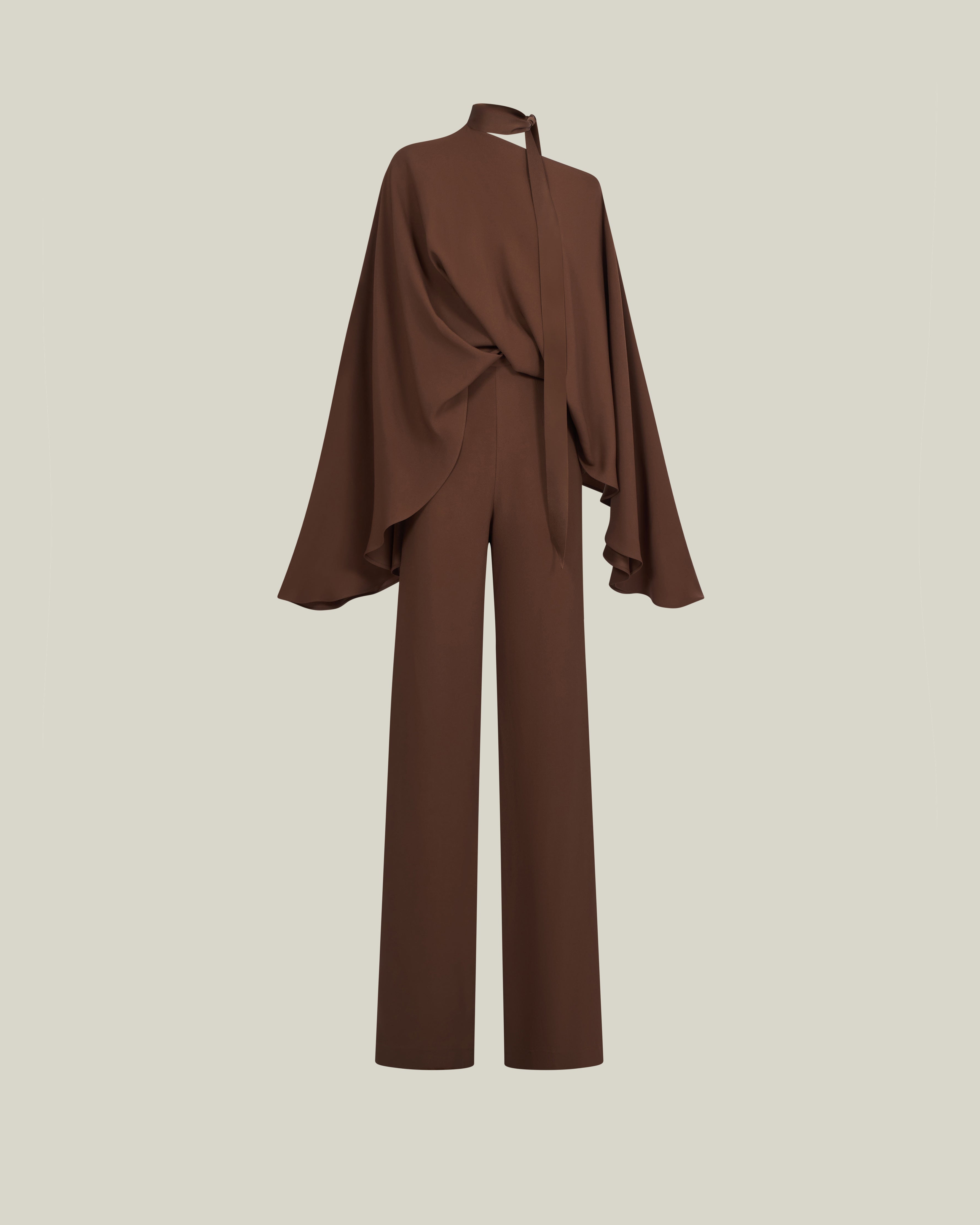 Brooks Jumpsuit in Fume - Crepe cady cold shoulder blouson palazzo jumpsuit