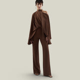 Brooks Jumpsuit in Fume - Crepe cady cold shoulder blouson palazzo jumpsuit