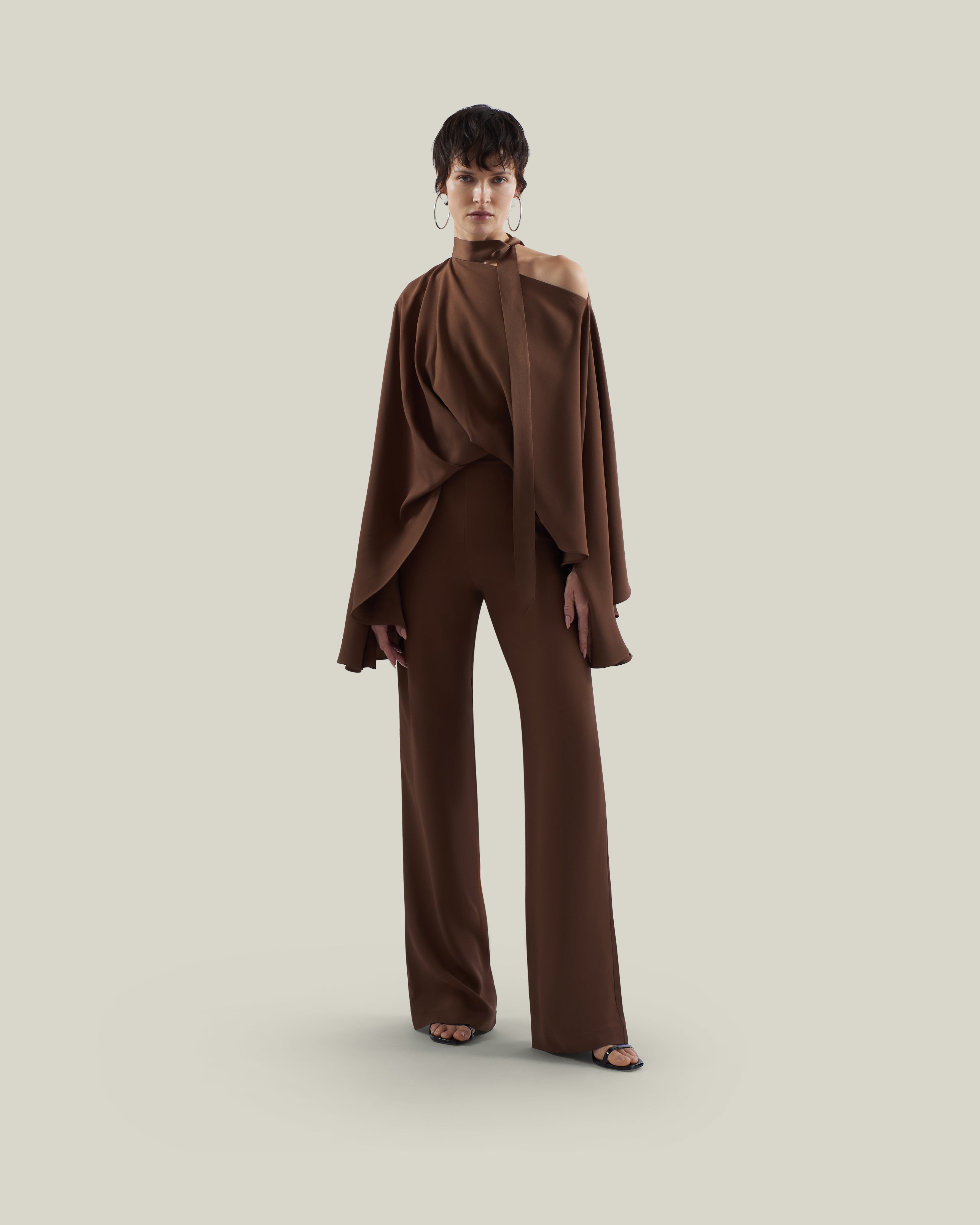 Brooks Jumpsuit in Fume - Crepe cady cold shoulder blouson palazzo jumpsuit