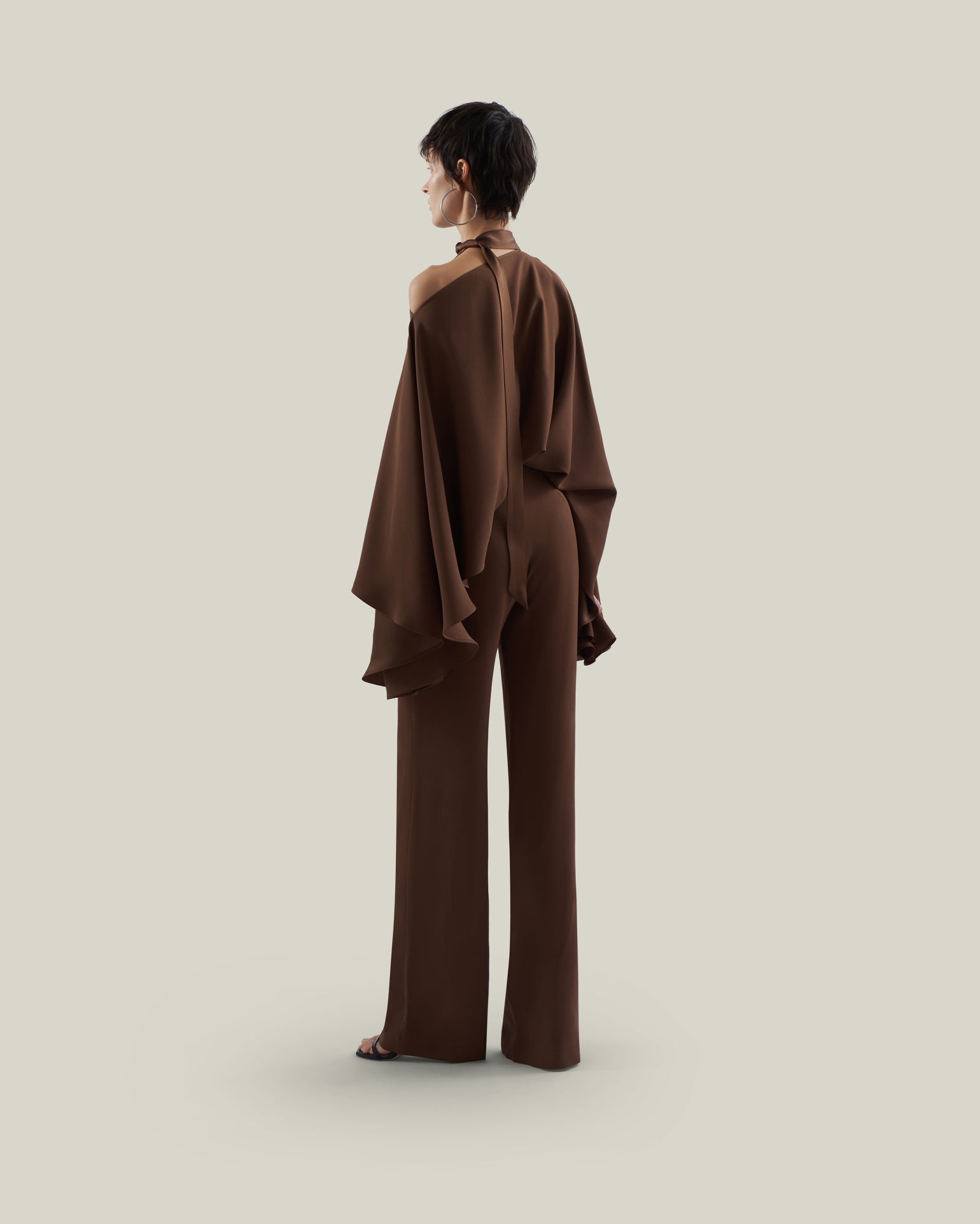 Brooks Jumpsuit in Fume - Crepe cady cold shoulder blouson palazzo jumpsuit