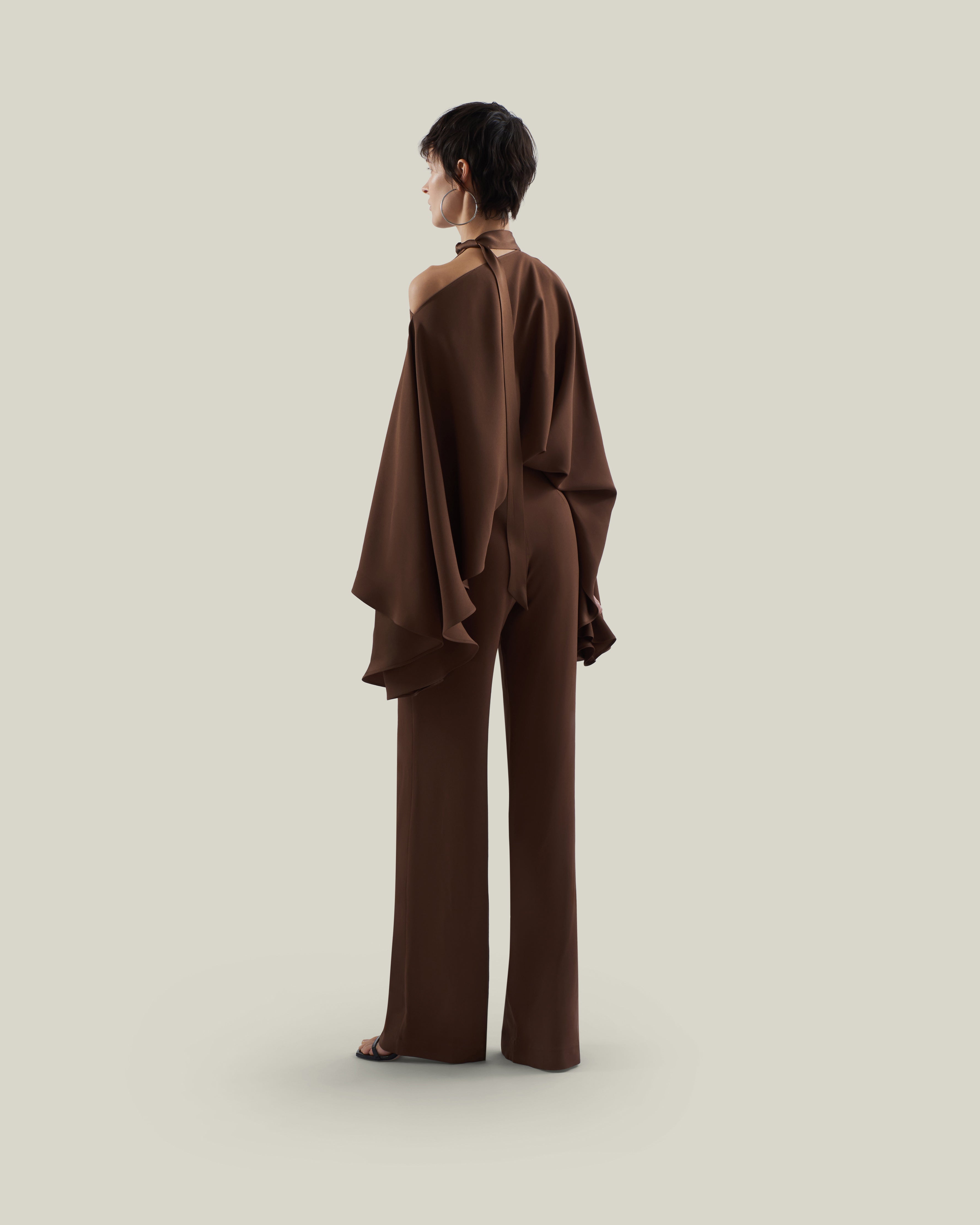 Brooks Jumpsuit in Fume - Crepe cady cold shoulder blouson palazzo jumpsuit
