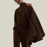 Brooks Jumpsuit in Fume - Crepe cady cold shoulder blouson palazzo jumpsuit