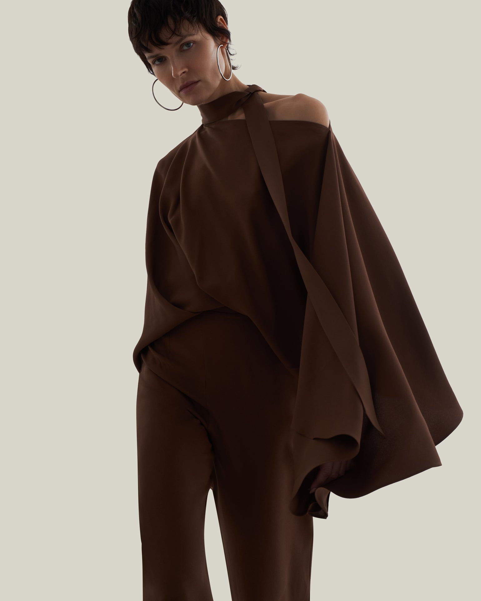Brooks Jumpsuit in Fume - Crepe cady cold shoulder blouson palazzo jumpsuit