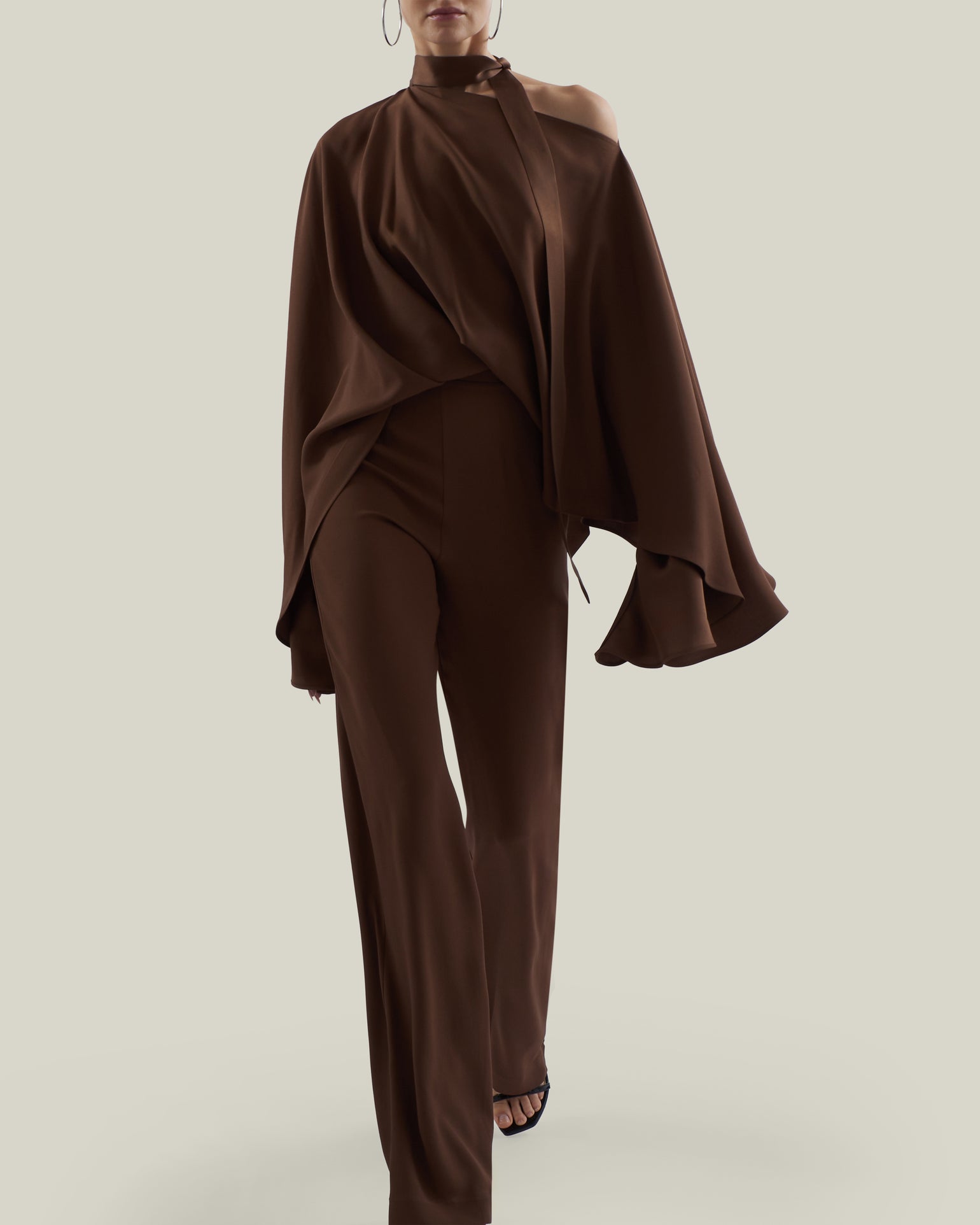 Brooks Jumpsuit in Fume - Crepe cady cold shoulder blouson palazzo jumpsuit