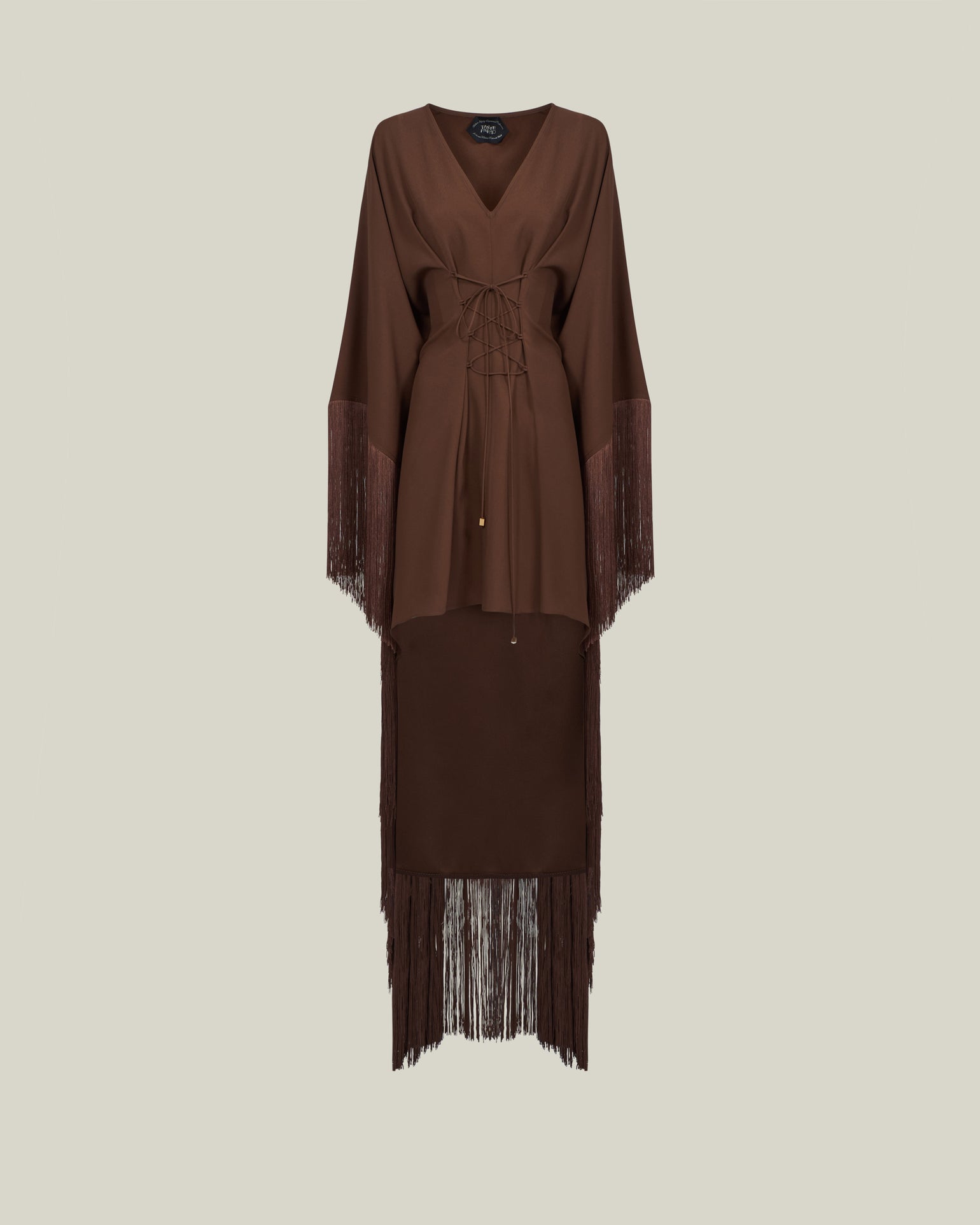 Fringed Mini Sierra Kaftan in Fume - Crepe cady fringed cape-effect short kaftan with laced-up waist