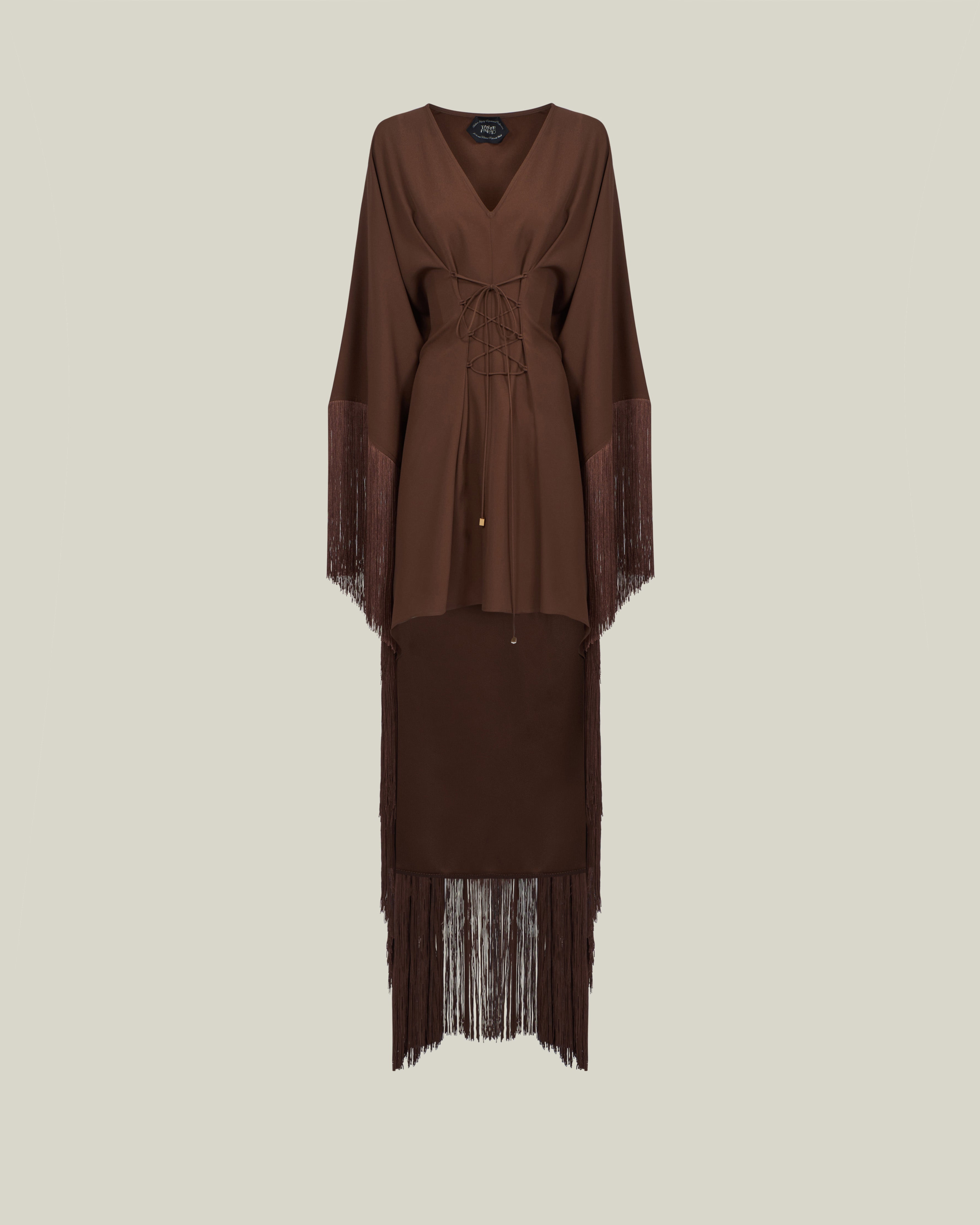 Fringed Mini Sierra Kaftan in Fume - Crepe cady fringed cape-effect short kaftan with laced-up waist