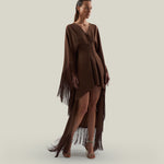Fringed Mini Sierra Kaftan in Fume - Crepe cady fringed cape-effect short kaftan with laced-up waist