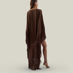 Fringed Mini Sierra Kaftan in Fume - Crepe cady fringed cape-effect short kaftan with laced-up waist