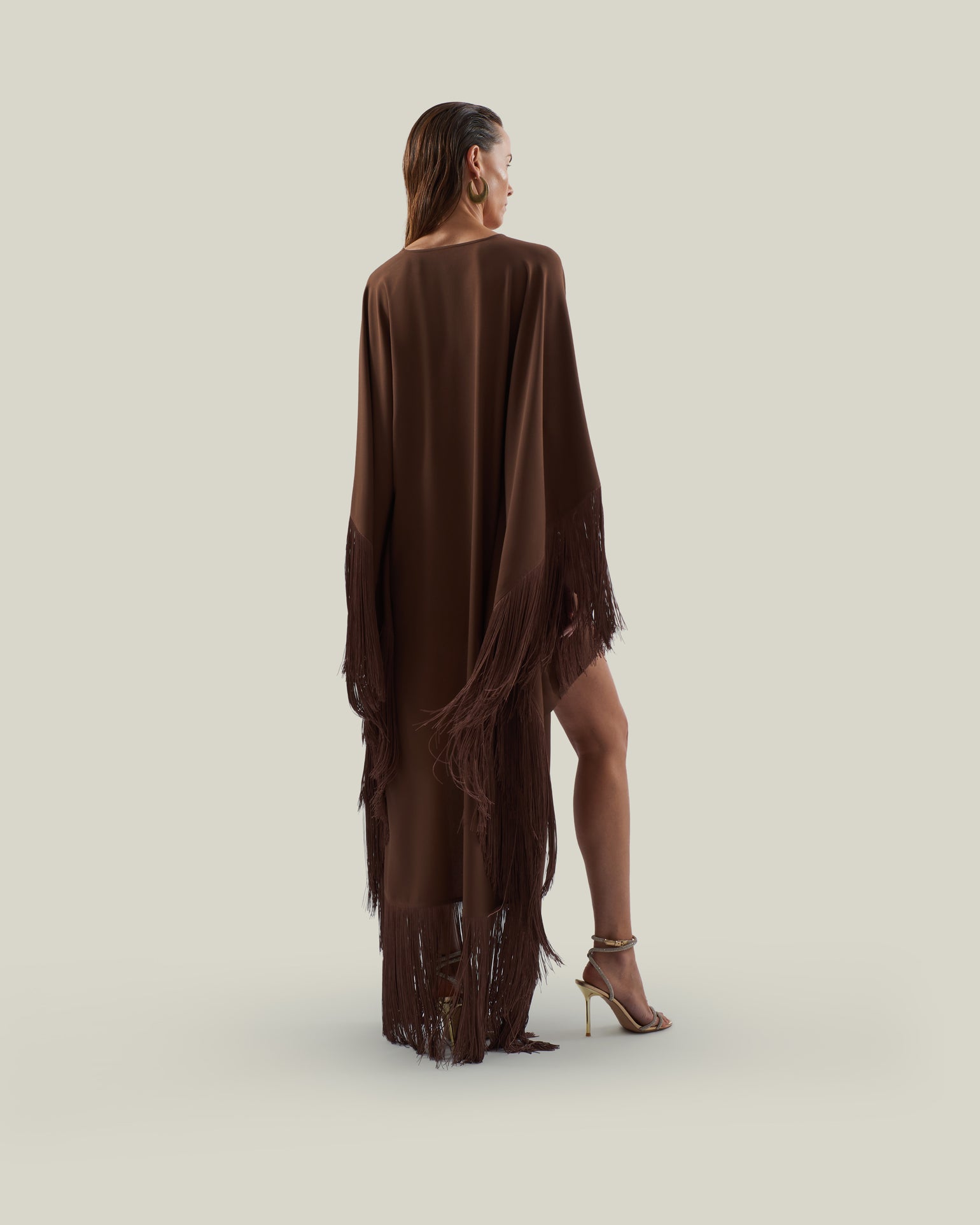Fringed Mini Sierra Kaftan in Fume - Crepe cady fringed cape-effect short kaftan with laced-up waist