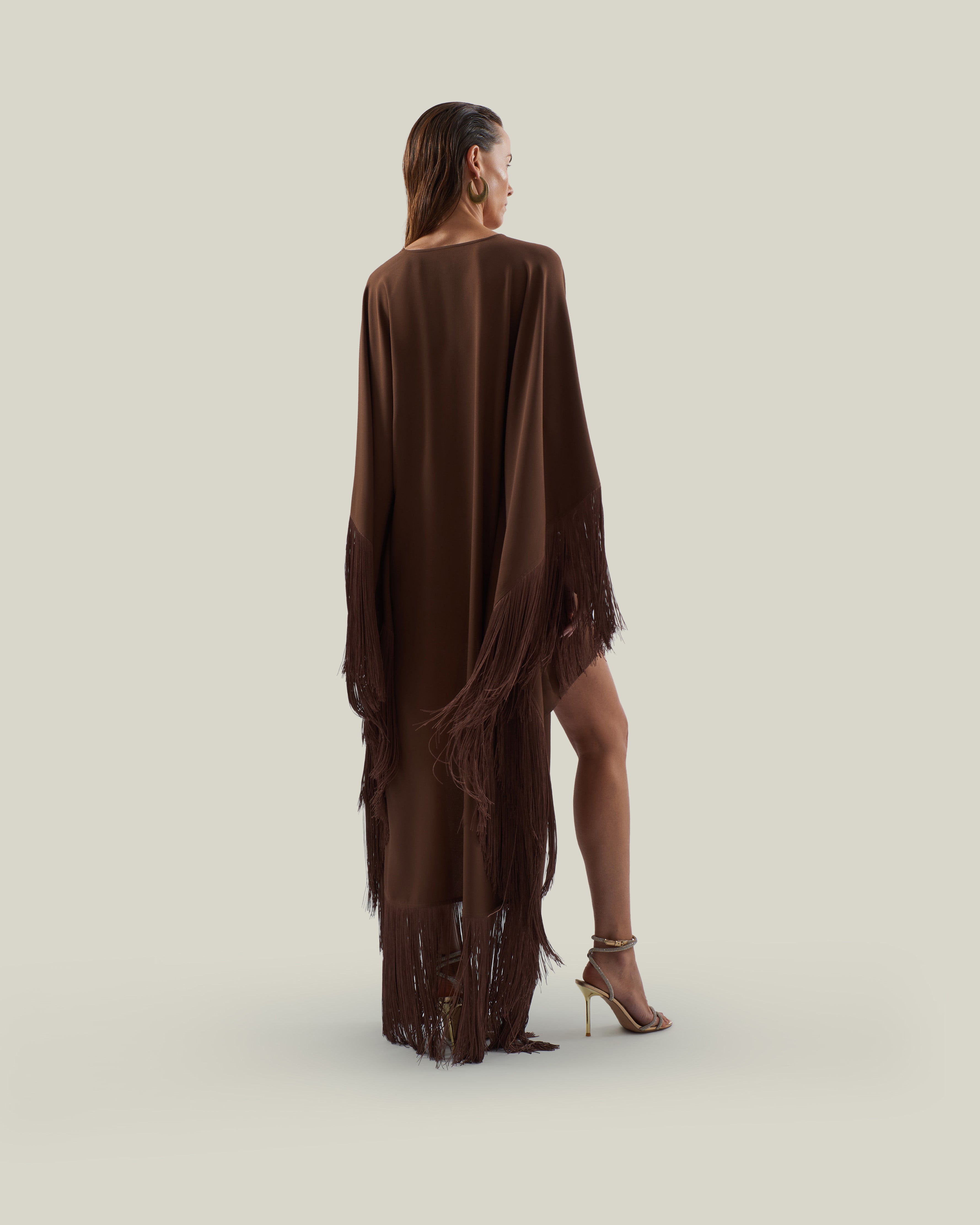 Fringed Mini Sierra Kaftan in Fume - Crepe cady fringed cape-effect short kaftan with laced-up waist