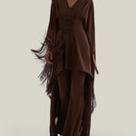 Fringed Mini Sierra Kaftan in Fume - Crepe cady fringed cape-effect short kaftan with laced-up waist