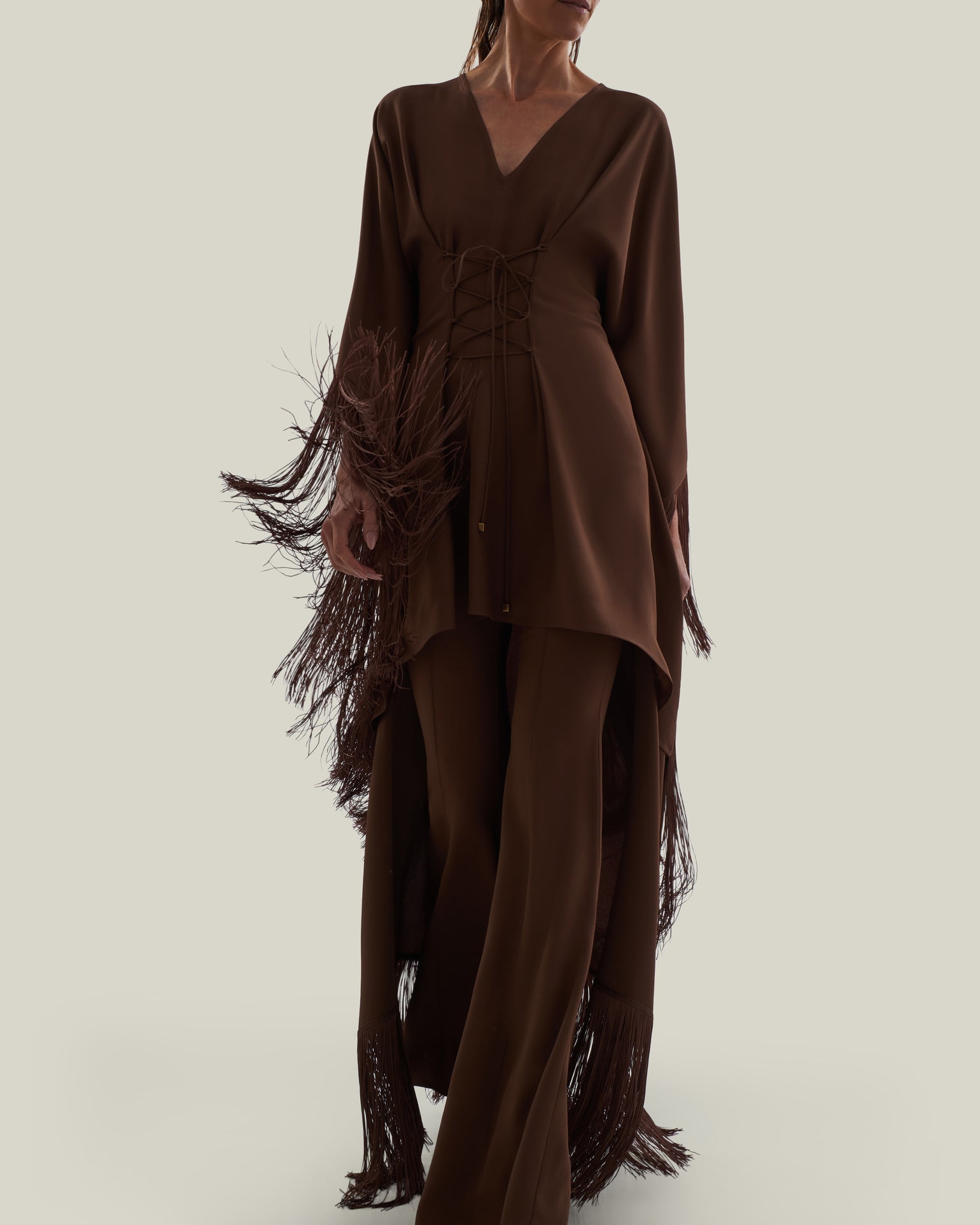 Fringed Mini Sierra Kaftan in Fume - Crepe cady fringed cape-effect short kaftan with laced-up waist