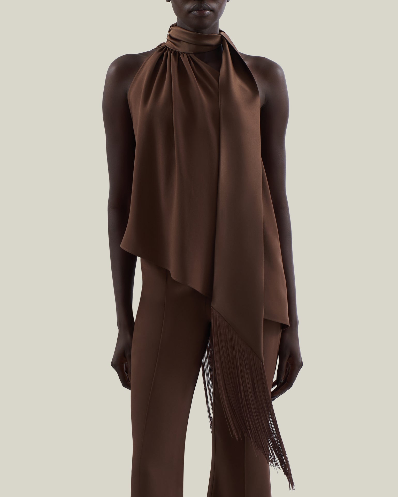 Astor Blouse in Fume - Crepe cady gathered one asymmetrical shoulder blouse with scarf
