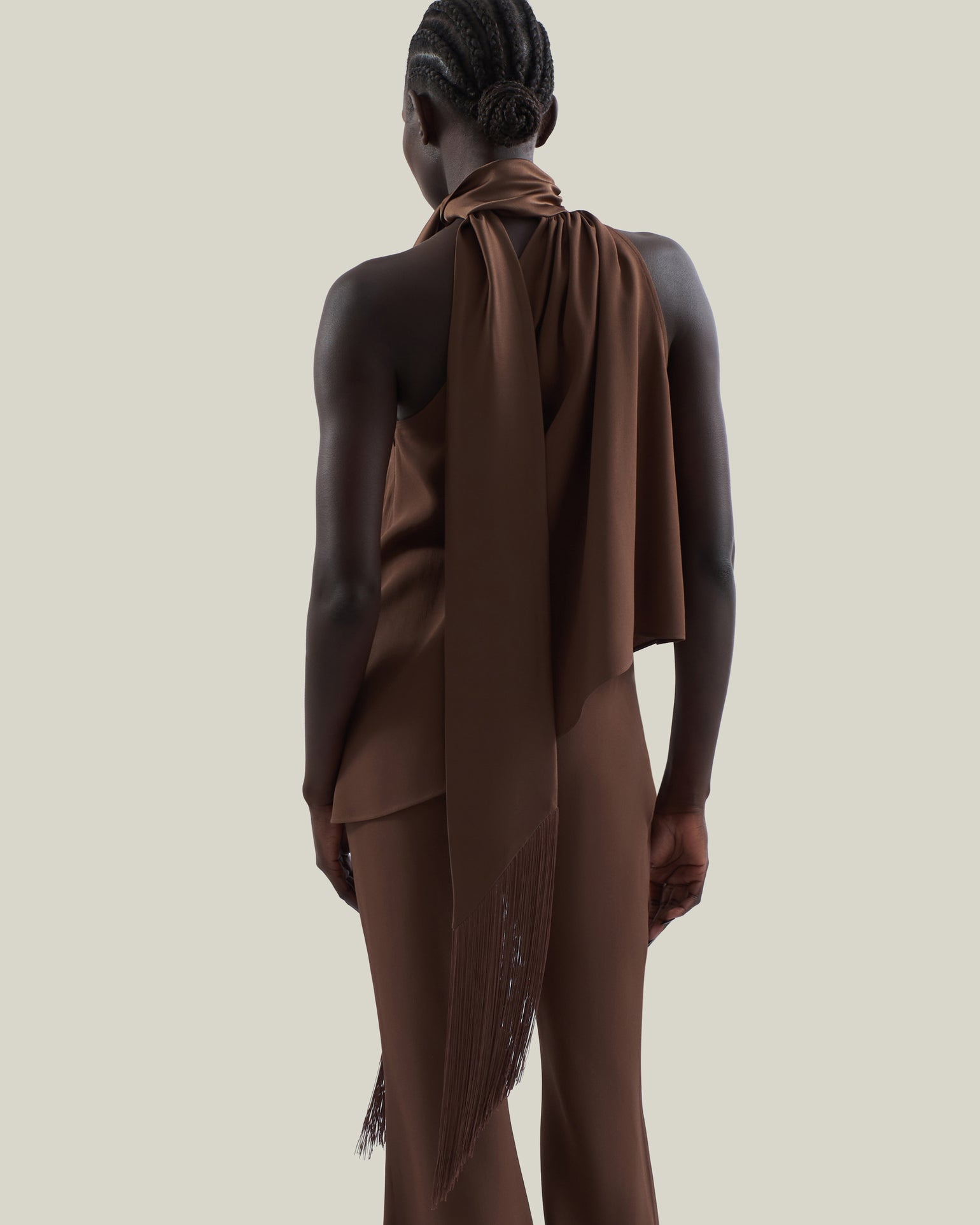 Astor Blouse in Fume - Crepe cady gathered one asymmetrical shoulder blouse with scarf