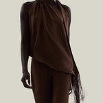 Astor Blouse in Fume - Crepe cady gathered one asymmetrical shoulder blouse with scarf