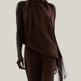 Astor Blouse in Fume - Crepe cady gathered one asymmetrical shoulder blouse with scarf